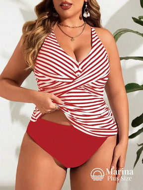 Tankini Listrado Decote Cruzado Moderno Plus Size Vermelho / G Tankini Listrado Decote Cruzado Moderno Plus Size