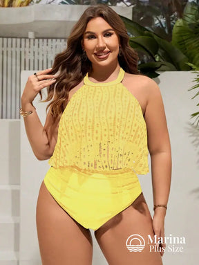 Tankini Rendado Estilo Halter Cintura Alta Plus Size Amarela / G Tankini Rendado Estilo Halter Cintura Alta Plus Size