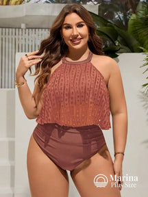 Tankini Rendado Estilo Halter Cintura Alta Plus Size Marrom / G Tankini Rendado Estilo Halter Cintura Alta Plus Size
