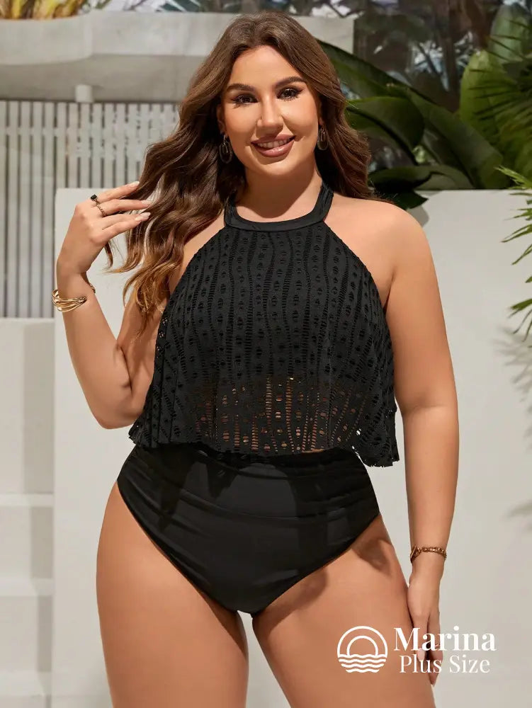Tankini Rendado Estilo Halter Cintura Alta Plus Size Preto / G Tankini Rendado Estilo Halter Cintura Alta Plus Size